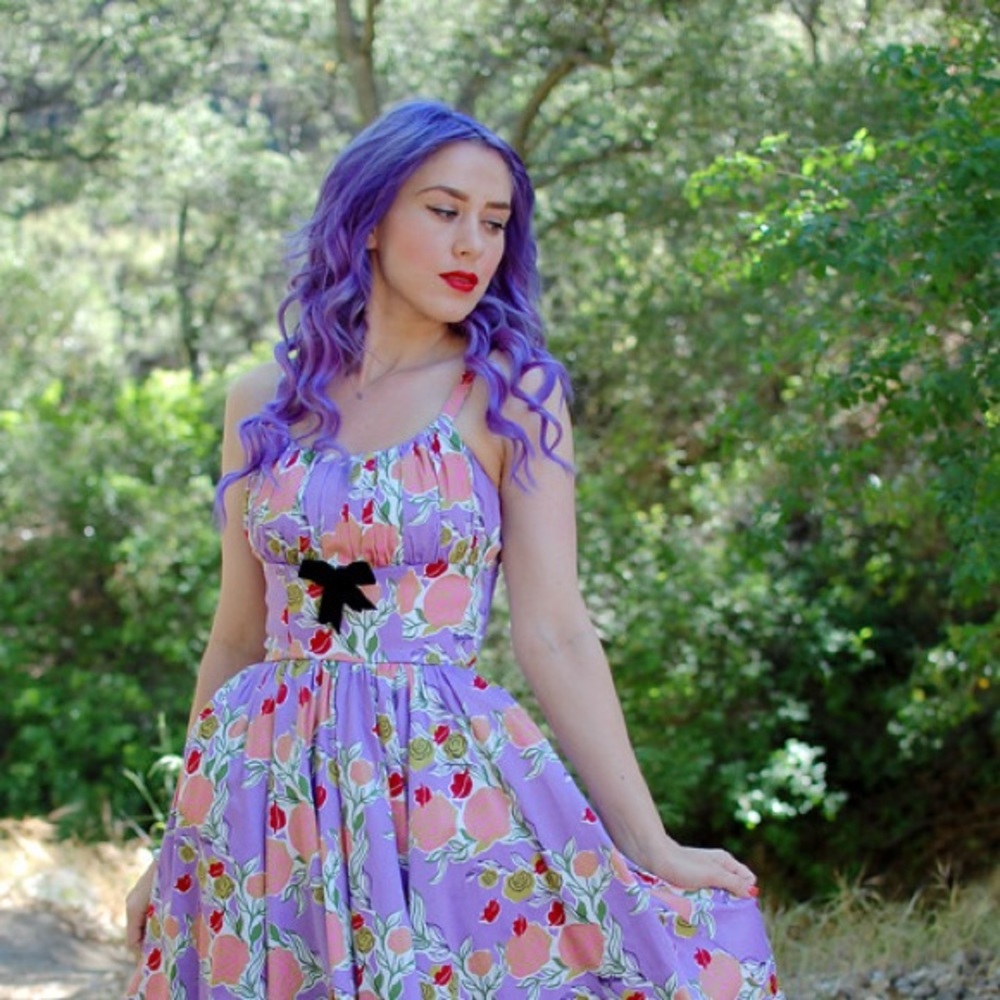 Pinup Couture Mary Blair Dress Lips and Roses Lavender Purple